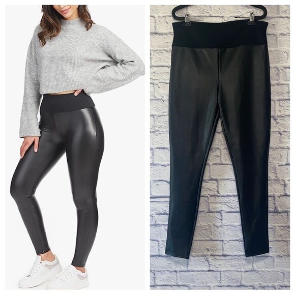 Assets by Spanx Black Faux Leather High Rise Leggings - Picture 1 of 11